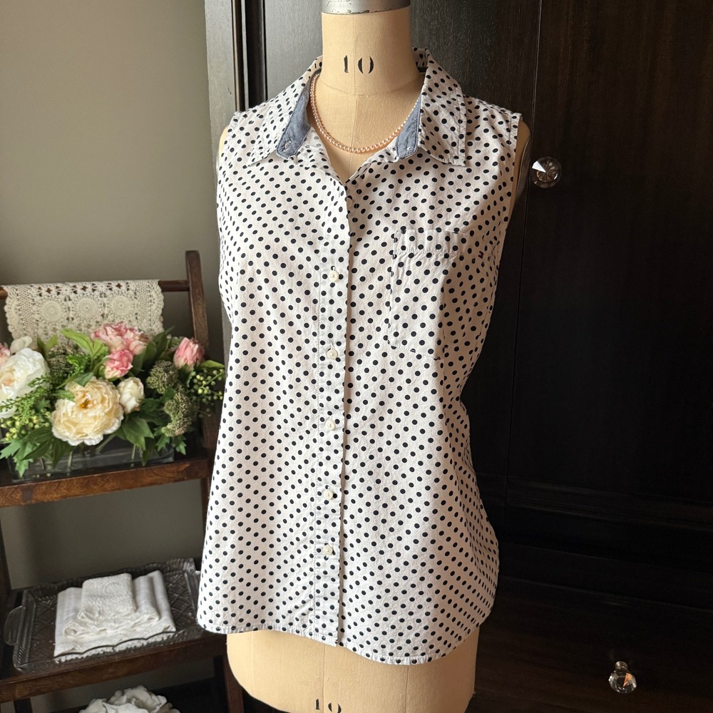 Tommy Hilfiger Womens Sleeveless Button Down Shirt White‎ Navy Polka Dot L